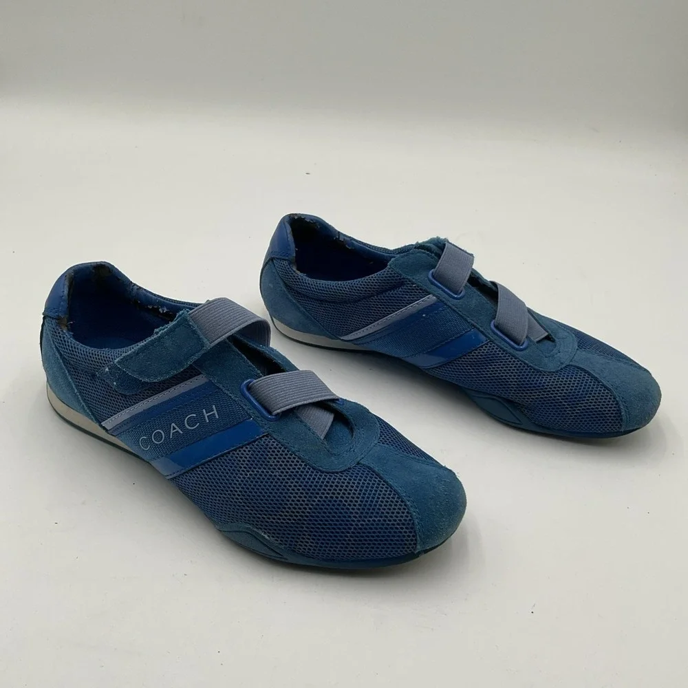 Coach Sz 8.5 Jenney Signature Blue Sneakers Suede Trim Adjustable Closure